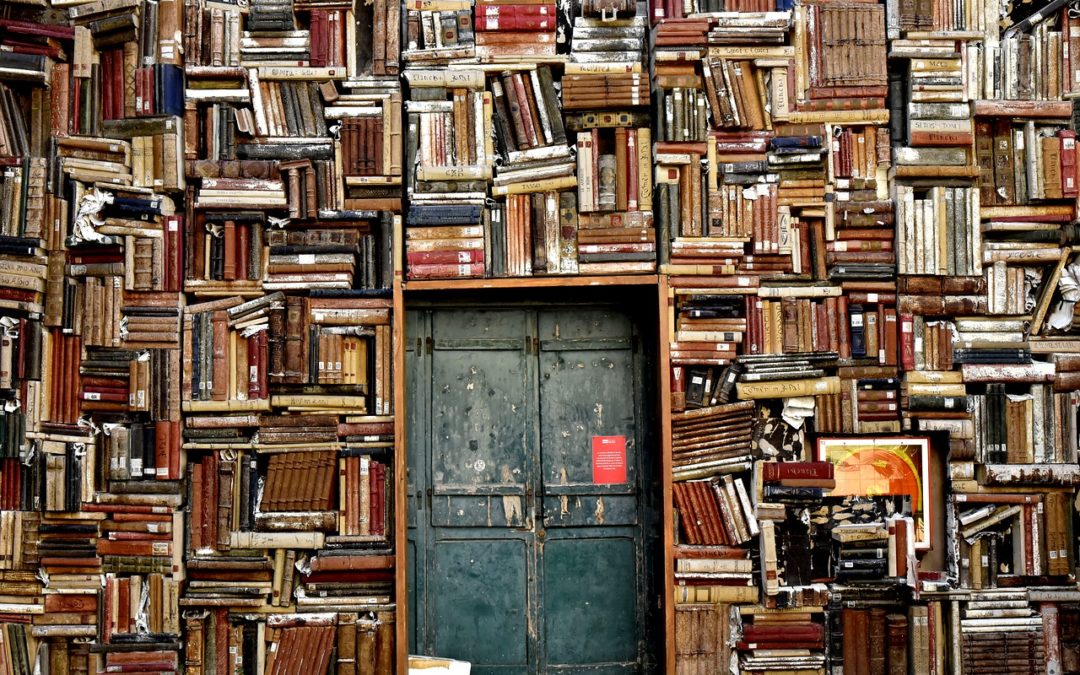 Eine Wand voller Bücher mit einer Tür