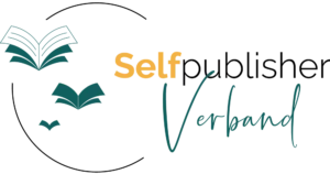 Logo des Selfpublisher-Verbands - Schriftzug mit gezeichneten Büchern, die wie Möwen fliegen