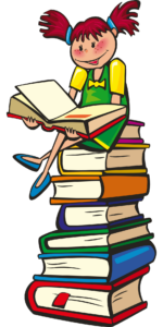 Cartoon von einem Mädchen, das auf einem Stapel Bücher sitzt und liest