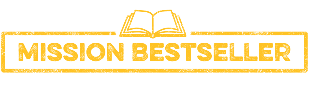 Logo Mission Bestseller - Schrift in Rahmen mit aufgeschlagenem Buch als Zeichnung darüber
