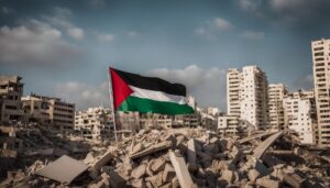 Palästina-Fahne über den Trümmern von Gaza