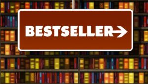 Bestseller-Schild vor Buchregal