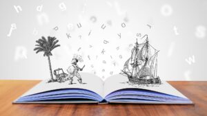Zeichnung: offenes Buch mit Piratenschiff und Palmeninsel